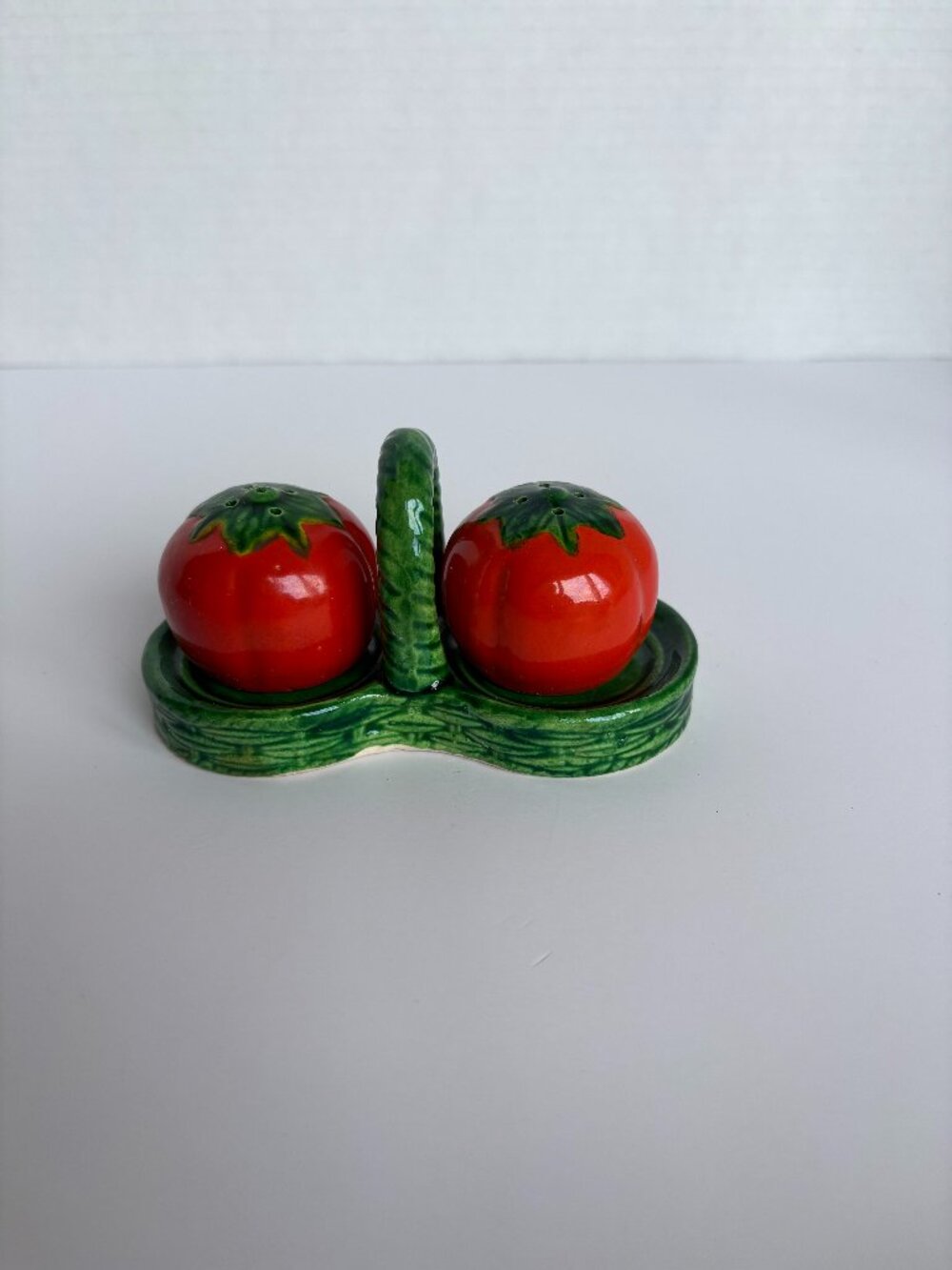 Vintage Ceramic Tomato Salt and Pepper Shakers with Holder
